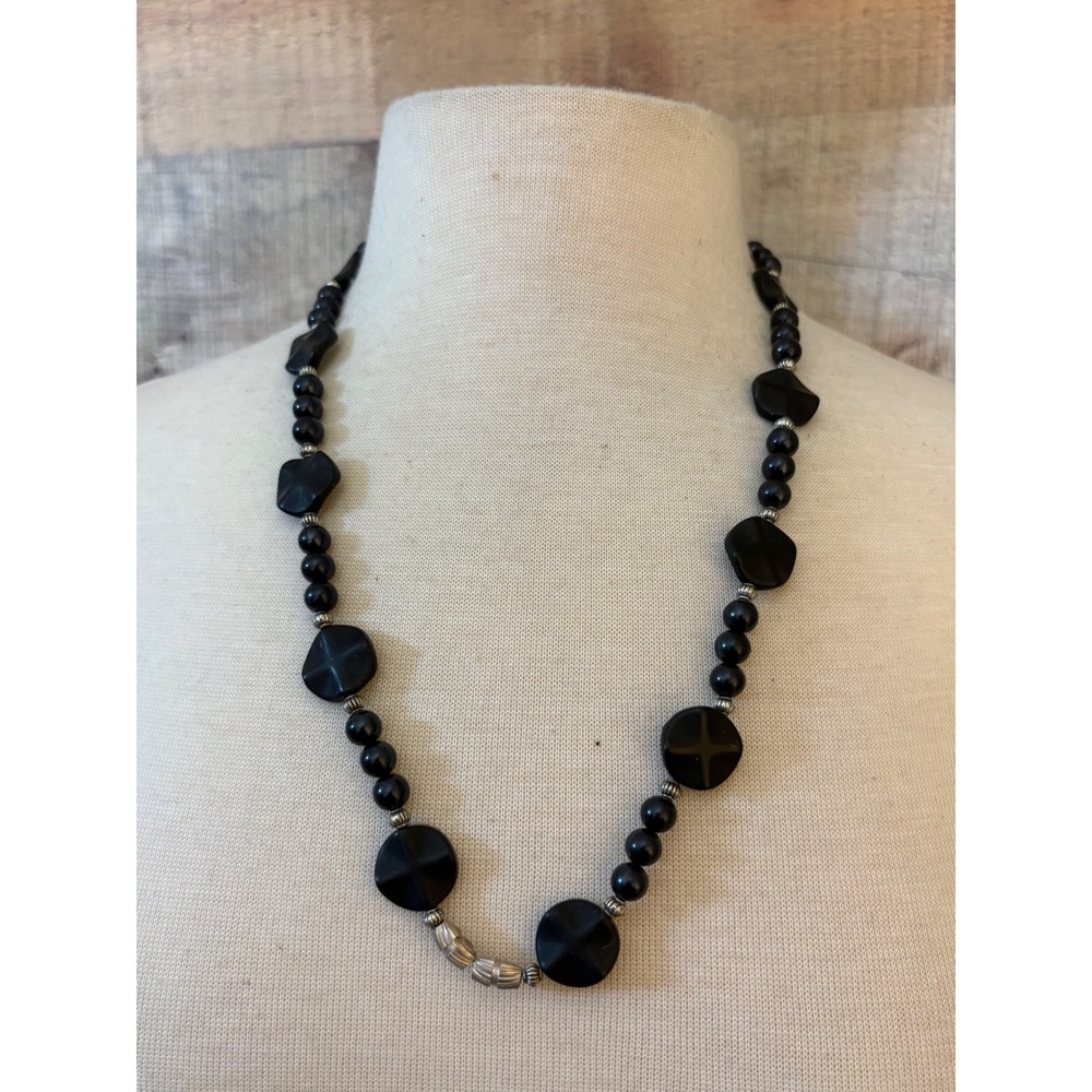Vintage Black Geometric Beaded Necklace Silver Tone Accents Toggle Clasp